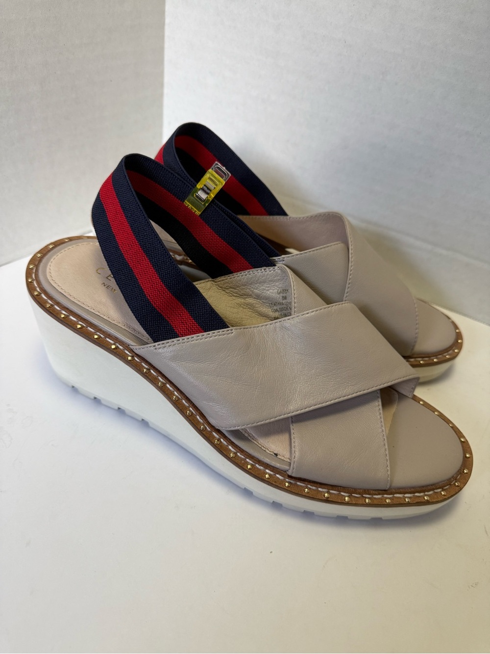 CECILIA NEW YORK Beige Leather Wedge Sandals with Navy & Red Elastic Sling